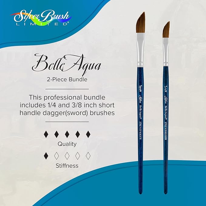 Silver Brush Limited BA-2761S BelleAqua Creative Shape 2pc Dagger Striper Watercolor Brush Set, Professional Soft Synthetic Red Sable Short Handle Artist Painting Brushes, Sizes 1/4 and 3/8 Inch