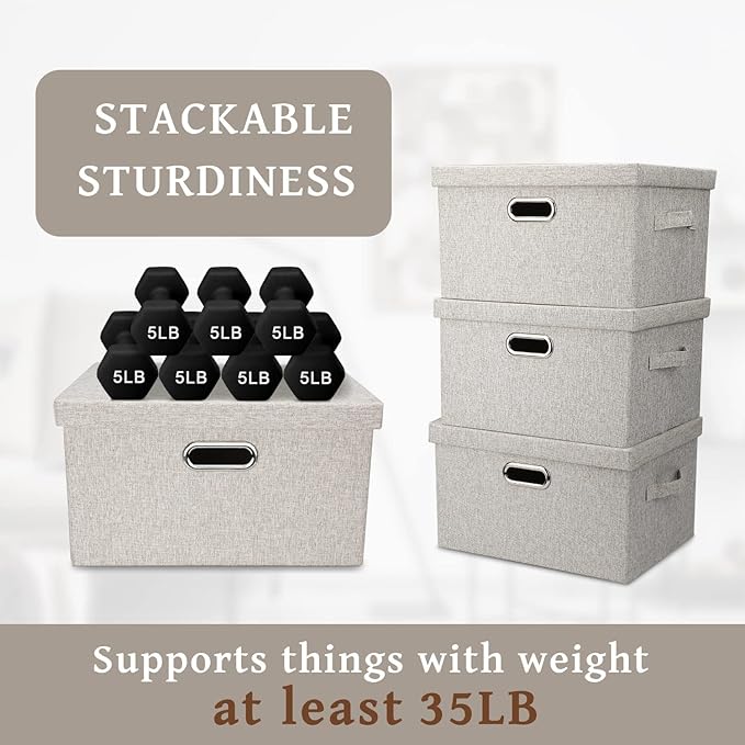 Medium 15" 21 Quart Collapsible Stackable Storage Bins with Lids, 5 Packs Beige Foldable Fabric Closet Boxes Heavy-duty Lidded Linen Cube Baskets Container Organizers and Storage