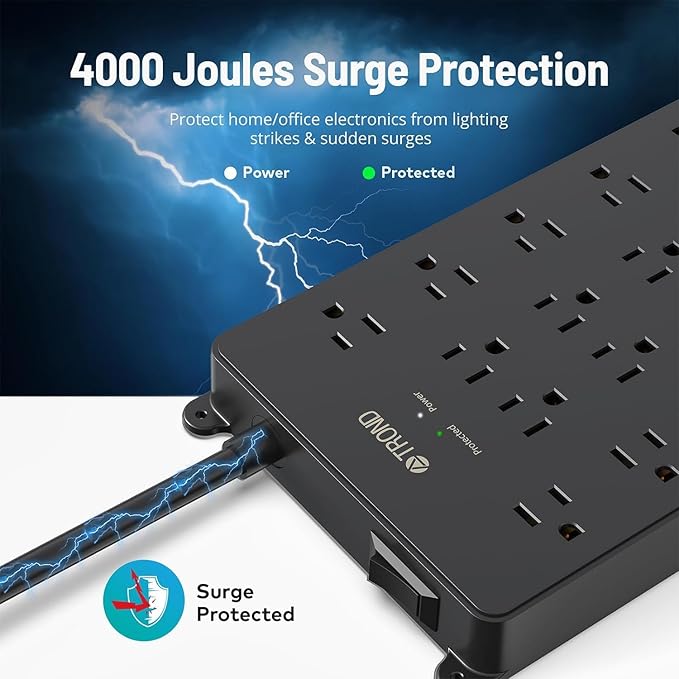 TROND Surge Protector Power Strip, 22 Widely Spaced Outlets with USB Ports, Wall Mount, 4000 Joules, ETL Listed, 10 ft Flat Plug Heavy Duty Extension Cord for Home, Office, Dorm Essential, Black