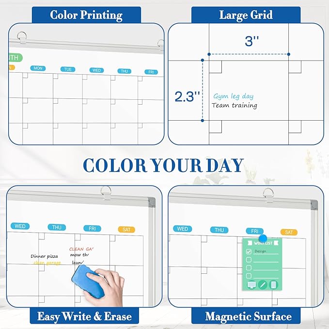 WALGLASS Dry Erase Calendar Whiteboard for Wall, 24" x 18" Double-Sided Monthly Calendar White Board with Silver Aluminum Frame, Hanging or Wall Mount Whiteboard for Home, Office, School