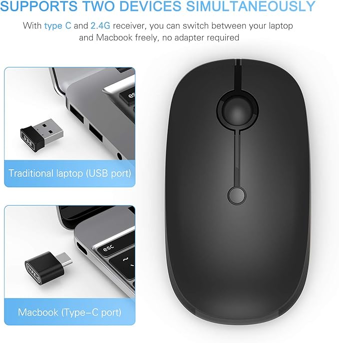 Type C Wireless Mouse,Vssoplor USB C Rechargeable Portable Quiet Mouse USB and Type C Receiver Dual Mode Laptop Mouse for PC, Laptop, MacBook, Tablet-Black