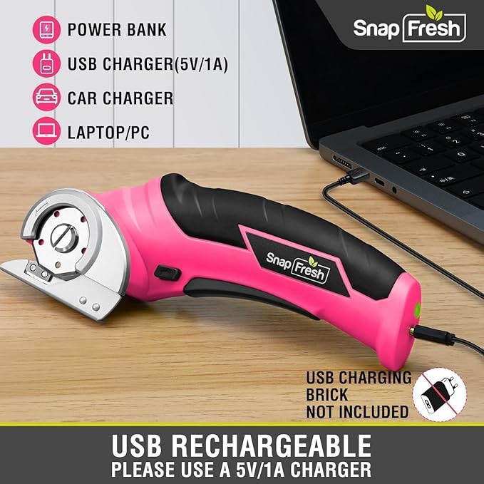 SnapFresh Cordless Electric Scissors- 4V Mini Cardboard Cutter for Boxes, Carpet, Paper – Rotary Cutter for DIY Projects, Safety Box Cutter with Battery & Type-C Cable(Hot Pink)