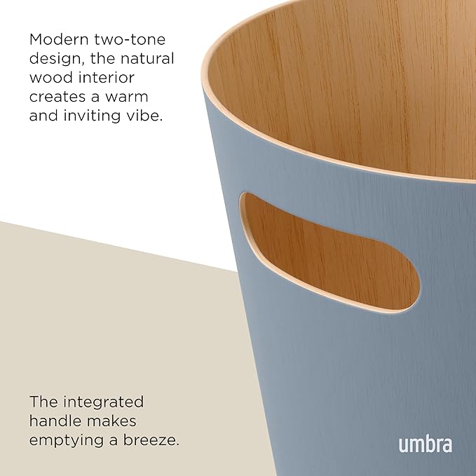 Umbra Woodrow 2-Gallon Modern Wooden Trash Can Wastebasket, Attractive Bin for Garbage or Recycling, Suitable for Home or Office, Slate Blue
