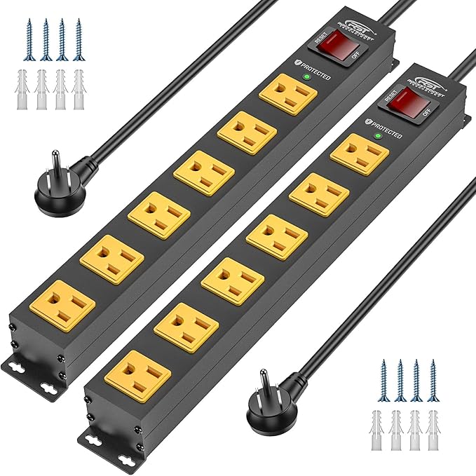 CRST 2Pack 6 Outlet Surge Protector Power Strip 2100J with Switch, 15A/1875W Heavy Duty Mountable Power Strip, Wide Spaced Power Bar for Garage Worshop Home School, 6 FT Cord( Black+Yellow)