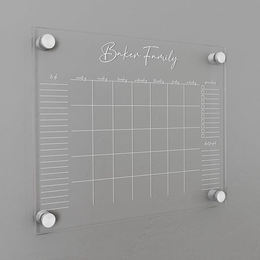 Personalized Clear Acrylic Calendar for Wall, Calendar Whiteboard for Wall, Dry Erase Wall Calendar, Wall Calendar Organizer System for Home (Cursive, White, 14"W x 11"H)