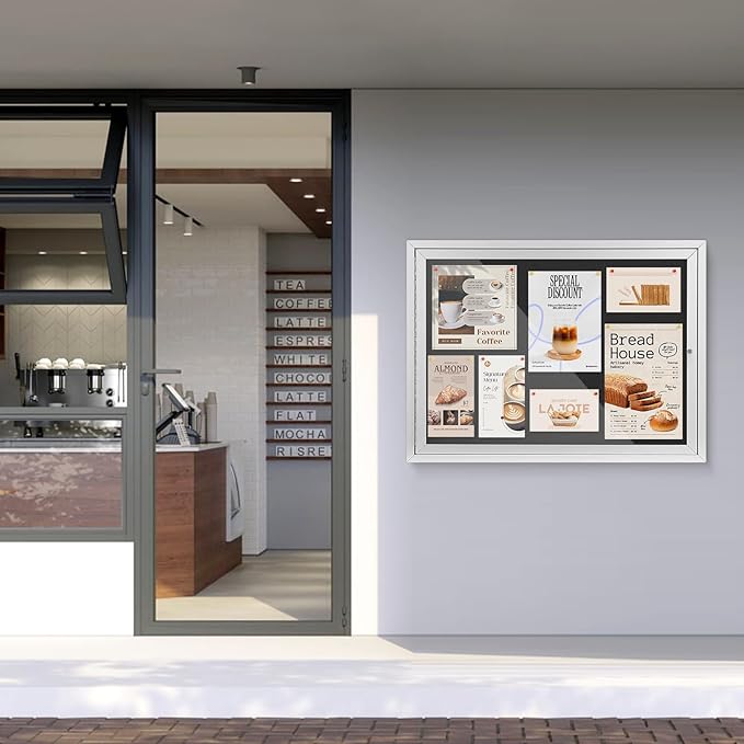 SWANCROWN Enclosed Bulletin Board Weatherproof 37x28in, Outdoor Lockable Bulletin Board Wall Display Case for Office School Commerce, Black Felt, Sliver Aluminum Frame (8xA4)