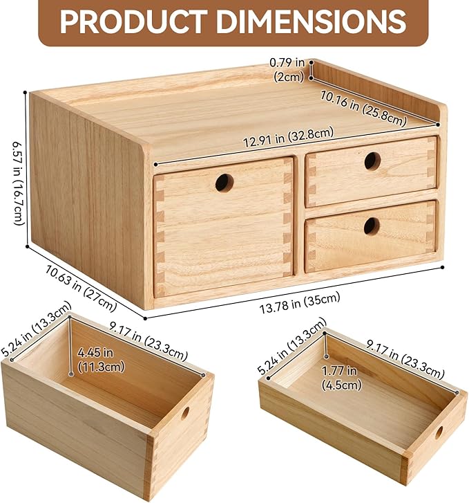 KIRIGEN Desk Organizer with 3 Drawers - Wood Drawer Storage Box with Trays for Tabletop - Workspace Office Toiletries Supplies Tool Caddy - Wooden Storage Cabinet Natural(DT1D3C-NA)