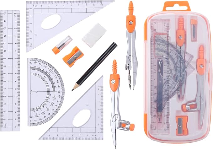 Math Geometry Kit Sets 10 Piece Student Supplies with Shatterproof Storage Box,Includes Rulers,Protractor,Compass,Eraser,Pencil Sharpener,Lead Refills,Pencil,for Drafting(Orange)