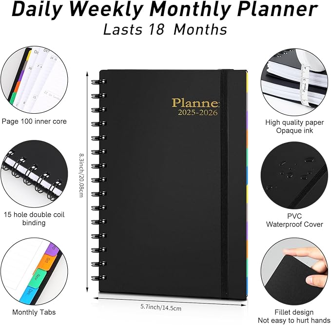 Daily Planner 2025-2026, July 2025 - December 2026, Yearly Monthly Weekly Daily Academic Calendar Planner, 18 Month with Tabs, Time Management Manual, 100GSM Thick Paper, A5 Size, Black