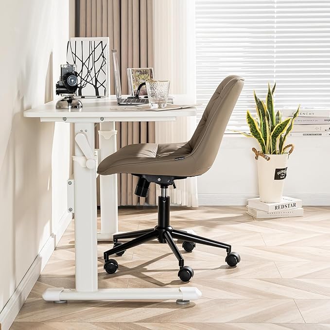 Kidol & Shellder Faux Leather Office Chair, Adjustable Swivel Height Task Chair, Rolling Wheels & Soft Backrest - Armless Ergonomic Desk Chair for Home, Office,Vanity,Gaming(Khaki)