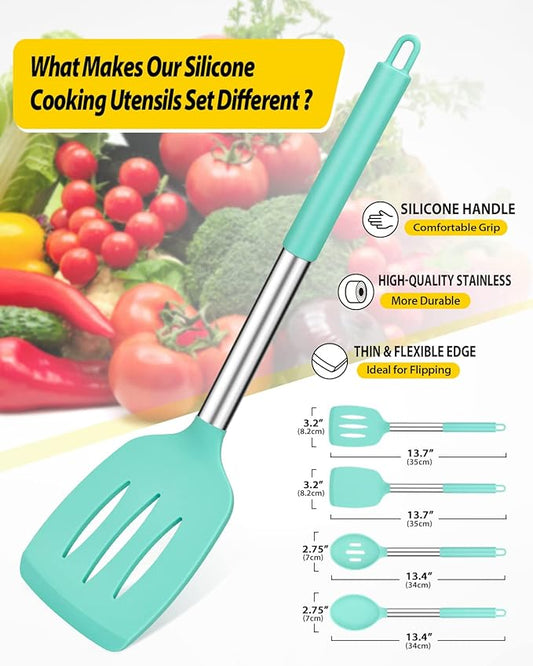 Pack of 4 Silicone Cooking Utensils Set, Non Stick Large Solid Spatulas, Heat Resistant Blue Slotted Spoons, Ideal BPA Free Kitchen Turners for Frying, Mixing,Serving,Draining,Turning,Stirring