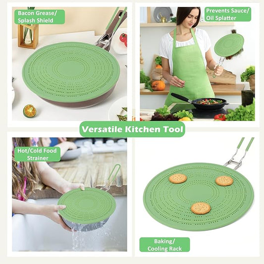 11" Multi-Functional Silicone Splatter Screen with Foldable Handle | 3-in-1 Activated Carbon Filter for Odor Absorption | Dishwasher Safe & Easy Cleaning | Fits 8-11" Pans