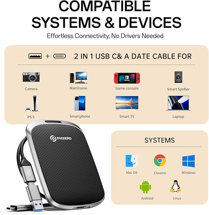 PHIXERO P5PLUS Portable SSD 2TB Up to 550MB/s, USB 3.2 Gen 2 External Solid State Drive,USB C to C&A for Smartphone,Tablet,PC,Labtop (Black)