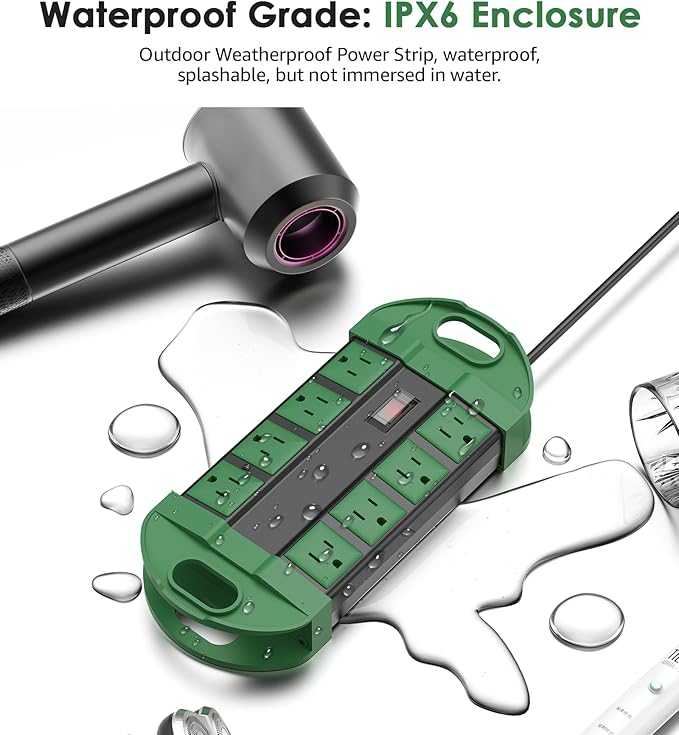 CCCEI Outdoor Power Strip Weatherproof with 8 Plug, Waterproof Extension Cord with Multiple Outlets, Christmas Exterior Garden Yard Surge Protector 15FT, Green.