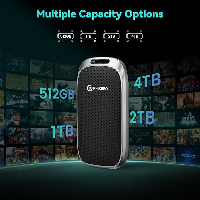 PHIXERO P5 2TB External Portable SSD - 5Gbps USB C External Hard Drive with 2-in-1 Cable for PC, Mac, PS5, Xbox | 5ft Drop Resistance, Free Lanyard, 5-Year Warranty