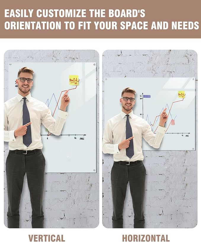 Magnetic Glass Whiteboard,60"x48" Wall Mounted Frameless Dry Erase Board for Office, Home & School White