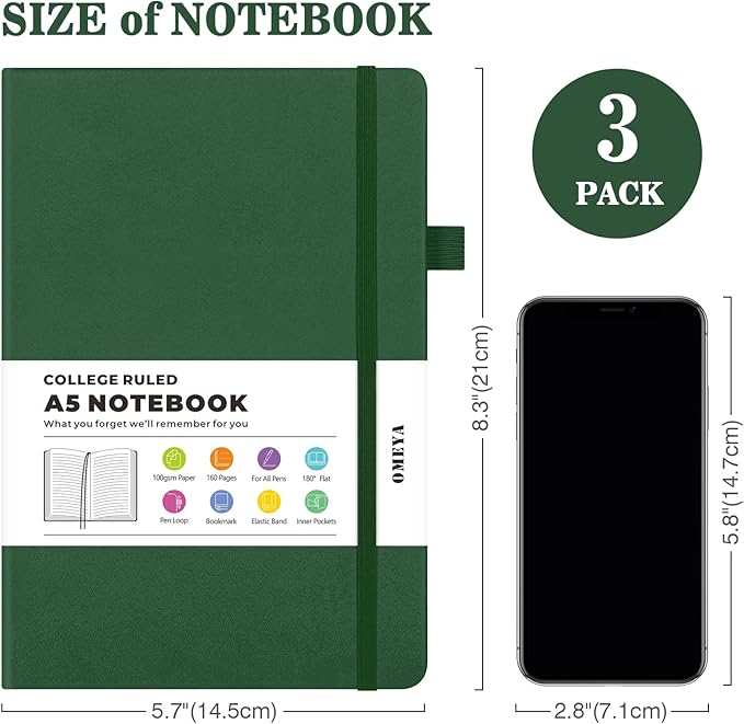 Lined Journal Notebook, 3 Pack A5 College Ruled Notebooks for Work, Hardcover Notebook Each with 2 Pockets & Pen, Leather Journal for Women, Men, 160 Pages, 100GSM Thick Paper (Blue, Black, Green)