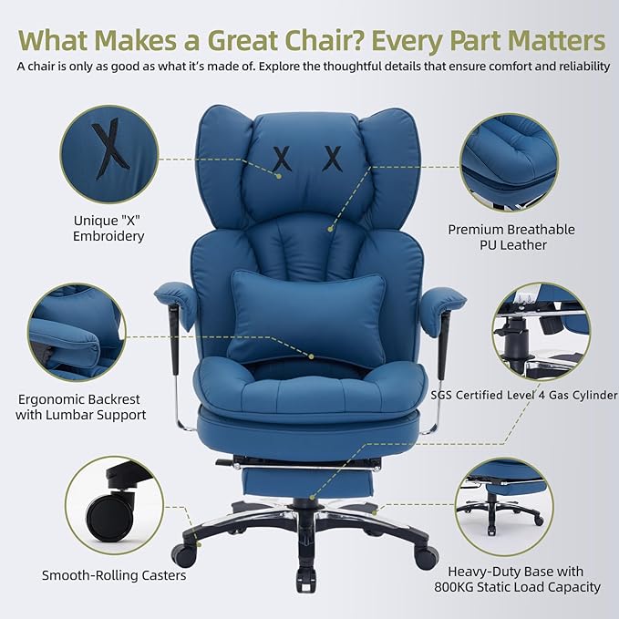 Efomao Big and Tall Office Chair with Footrest – High Back Computer Chair with Adjustable Armrests,Executive Office Chair with Wide Seat, Modern Desk Chair for Home Office, Gaming, or Study, Blue