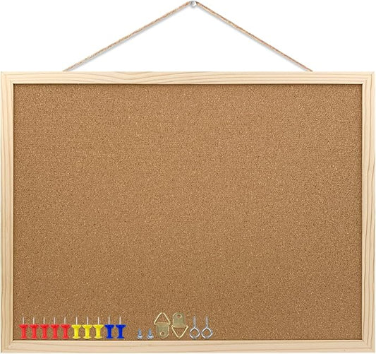 Cork Bulletin Board, 17.7X 13.3 Inches with Oak Wood Finish Frame, Wall Mounted for Office Home and School(Pins, Eye Bolts, gaskets, Screws)