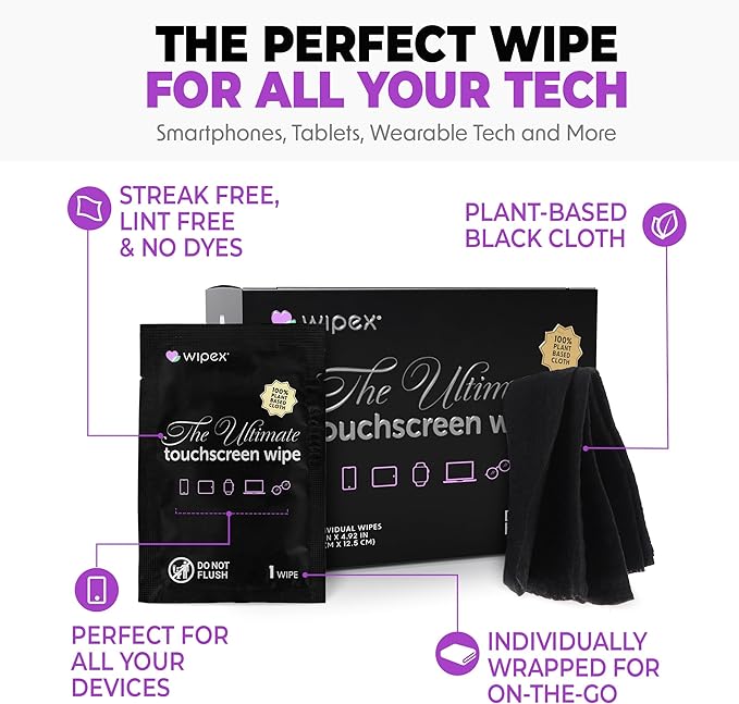 Wipex Car Screen Wipes for Electronics - 24 Individual Car Screen Cleaner Wipes - Plant-Based Touchscreen Cleaner Cloth for Dashboard Panels, Mobile Phone, Interior Car Cleaning Supplies (5.9"x4.92")