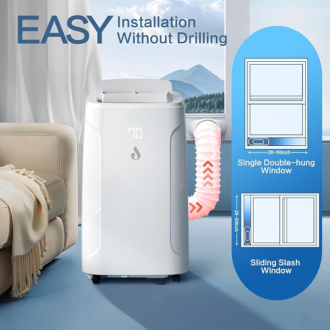 14,000 BTU Portable Air Conditioners, 4-in-1 Air Conditioner with Dehumidifier, Fan, 2 Speeds Cools Room up to 700 Sq.Ft, 24H Timer, Smart Auto-off, Remote Control & Window Kit for Home, Room, Office