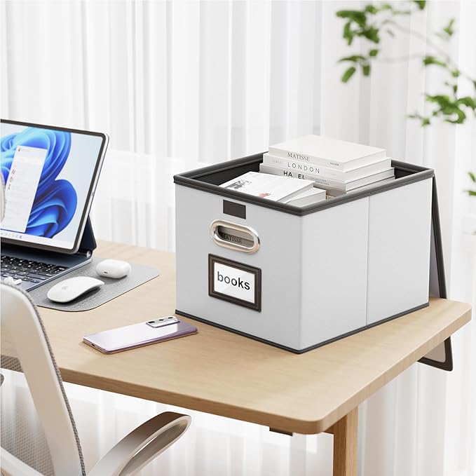 Huolewa Portable Leather File Organizer Boxes with Lids, Collapsible File Folder Organizer Boxes, Decorative Small Filing File Cabinet for Home/Office, Easily Store Documents/Hanging File Folders