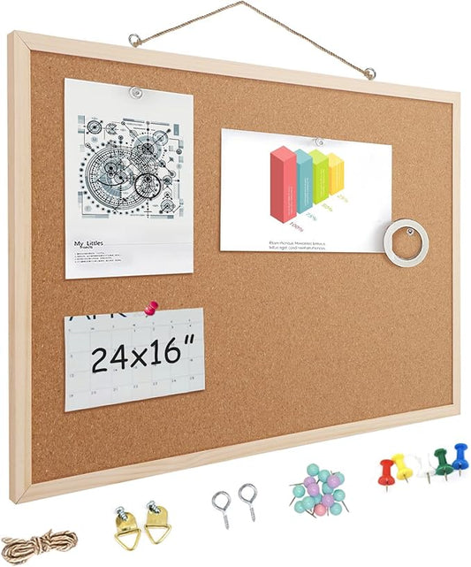16” x 24” Cork Boards for Walls with Wooden Frame 1pack, Double Sided Office Board for Wall Organizer, Bulletins Board Decorative Hanging Pin Board for School, Home & Office, Notice Board Memo Board