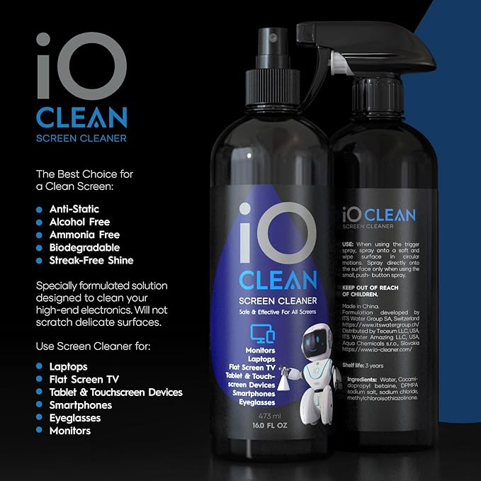 Screen Cleaner Spray (16oz - 473ml) – Best Large Cleaning Kit for LCD LED OLED TV, Smartphone, iPad, Laptop, Touchscreen, Computer Monitor, Electronic Devices, Microfiber Cloth Wipes and 2 Nozzles