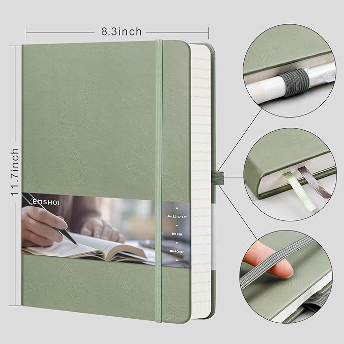 EMSHOI Leather Journal - 8.5"x11" Hardcover Bullet Dotted Notebook for Women & Men, 192-Page A4 Dot Grid Journal with 100 GSM Thick Paper, Ideal for Writing, Work & Creative Planning (Green)
