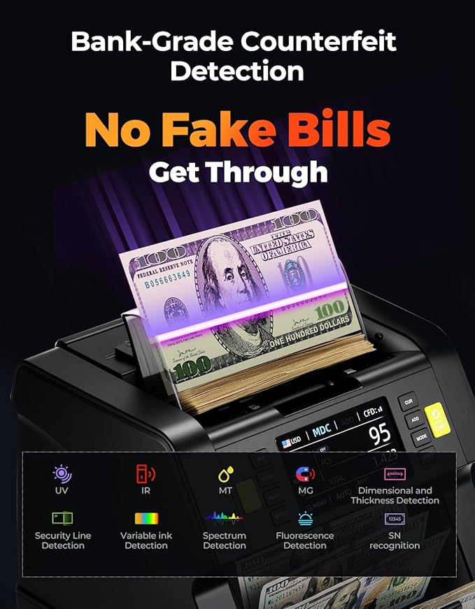 MUNBYN IMC21 Money Counter Machine Mixed Denomination, CIS/UV/IR/MG/MT Counterfeit Detection, Touch Screen, USD, MXN, LBP, CAD Cash Counter for Business, Printer Compatible Bill Counter, 2Y Protect