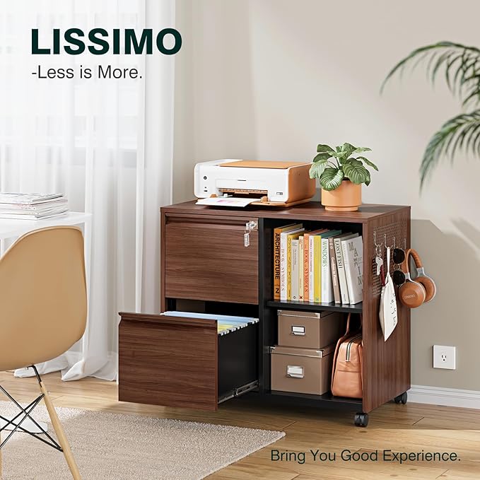 2 Drawer Mobile File Cabinet,Metal File Cabinet with Lock,Lateral Printer Stand Filling Storage Cabinet for Home Office-A4/F4/Letter(Wood