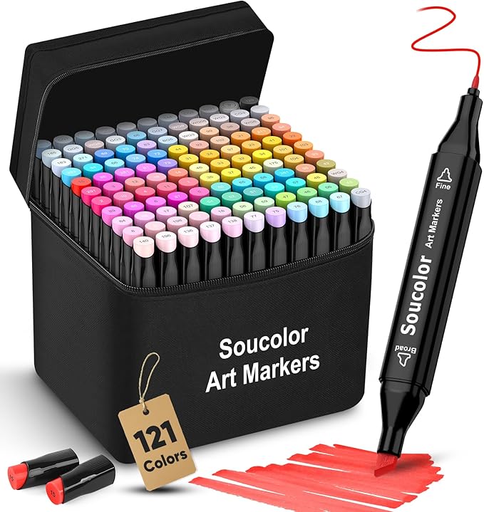 Soucolor Art Supplies for Kids Adult, Artist Art Set Kits, 120 Colors Numbered Dual Tip (Fine & Chisel) Alcohol Markers +1 Colorless Blender for Teen Boys Girls Gifts Trendy Stuff, Birthday Gift Case
