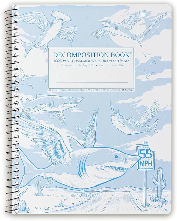 Decomposition Flying Sharks College Ruled Spiral Notebook - 9.75 x 7.5 Journal with 160 Lined Pages - 100% Recycled Paper - Notebooks for School Supplies, Home & Office - Made in USA