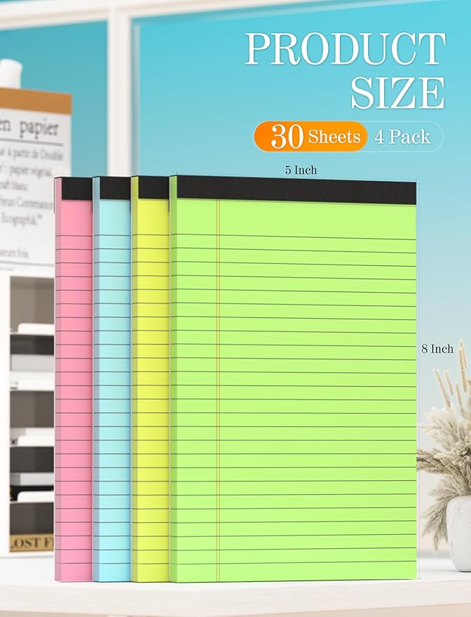 Colored Legal Pads 5x8, 4 Pack, Lined Note Pads 5x8 College Ruled, Note Paper 5x8, Pink Notebook Paper 5x8 Colored Notepads, Pink Legal Pads 5x8 Lined Paper, 80 GSM Pastel Pads of Paper, 30 Sheets/Pad