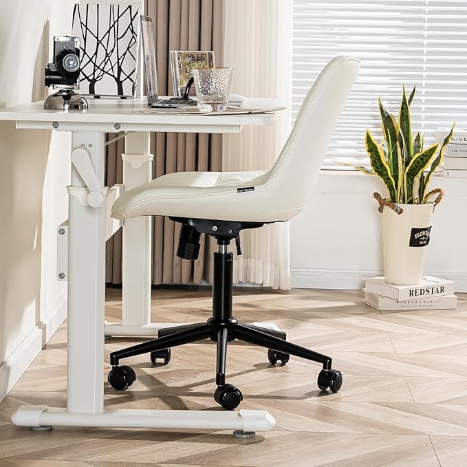 Kidol & Shellder Faux Leather Office Chair, Adjustable Swivel Height Task Chair, Rolling Wheels & Soft Backrest - Armless Ergonomic Desk Chair for Home, Office,Vanity,Gaming(White)