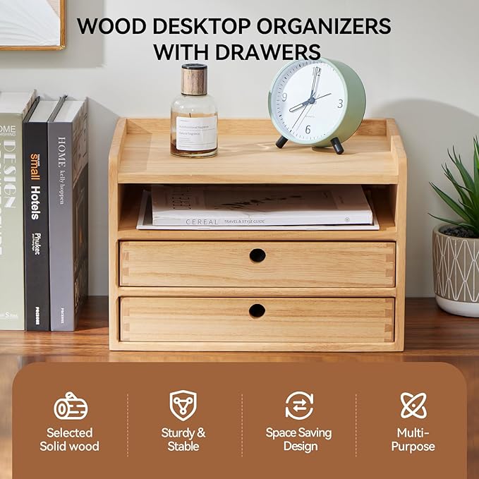 KIRIGEN Desktop Organizer with 2 Drawers and Tray - Wood Office Desk Storage Shelf for Office Supplies - Small Cabinet for Countertop Accessories Storage 3 Layer Natural(DT3D2C-NA)