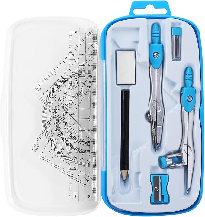 Math Geometry Kit Sets 10 Piece Student Supplies with Shatterproof Storage Box,Includes Rulers,Protractor,Compass,Eraser,Pencil Sharpener,Lead Refills,Pencil,for Drafting and Drawings(Blue)