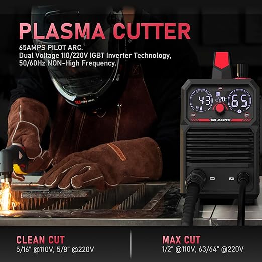 YESWELDER Plasma Cutter 65Amp Non-High Frequency Non-Touch Pilot Arc, Digital Display DC Inverter 110/220V Dual Voltage Blowback Plasma Cutting Machine CUT-65DS PRO
