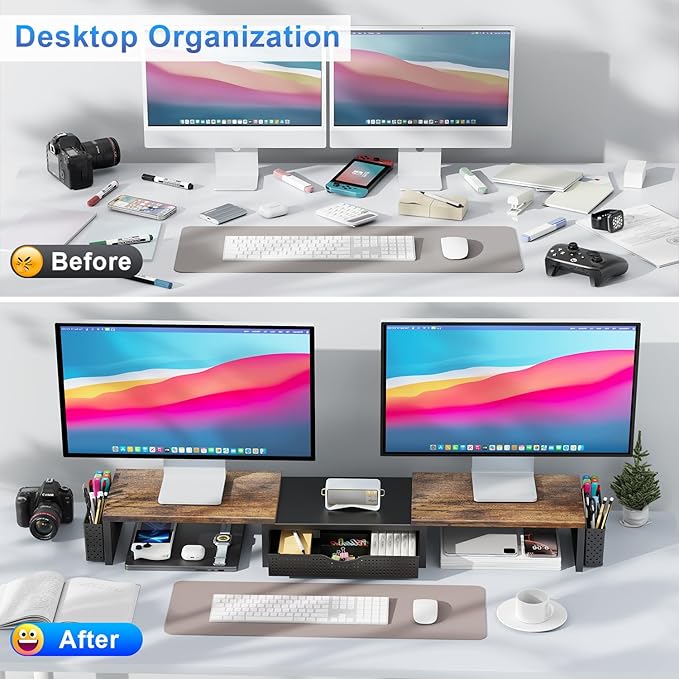 gianotter Dual Monitor Stand Riser, Desk Organizer With Drawer and 2 Pen Holders,Computer Monitor Stand, Desk Shelf for Top of Desk, Wood