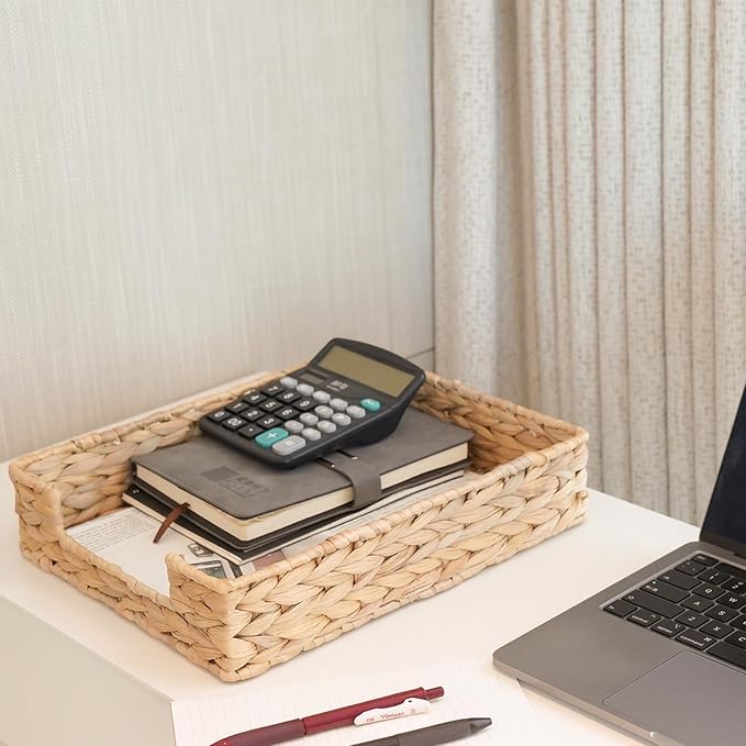 PINXIURY Water Hyacinth Letter Tray for A4 File Desk Mail Letter-Size Paper, Basket Woven Organizer, Magazine Files Storage, Office Document Organizer and Storage