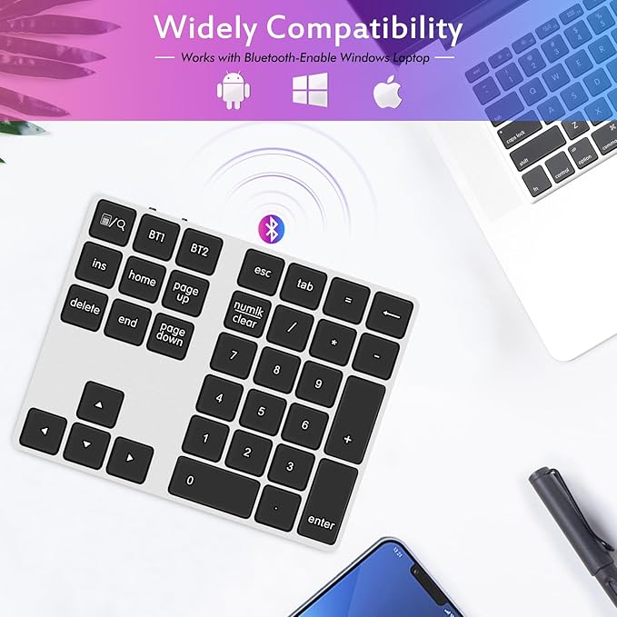 Foloda Bluetooth Number Keypad, Wireless 10 Keys Number Pad for Laptop, 34 Keys Rechargeable Numeric Numpad Key Pad Extensions Keyboard for Chromebook Notebook MacBook
