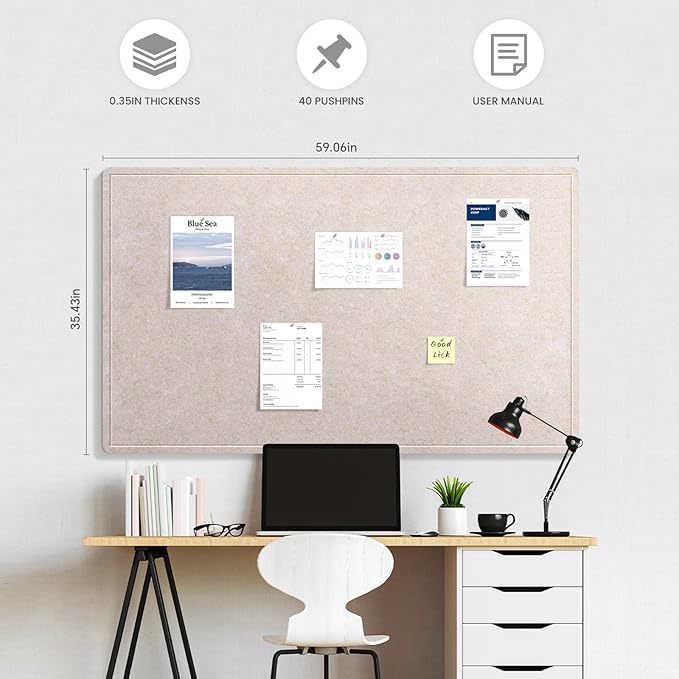 Large Bulletin Board, 60 X 36 Inches Felt Cork Board with 40 Pushpins, Foldable Felt Notice Pin Board Photo Display Board with Self-Adhesive Tape for Office Home School