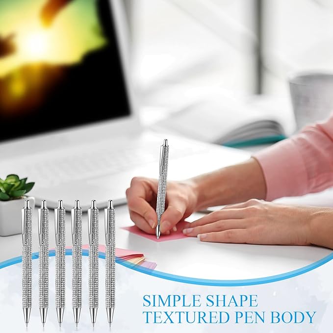 Jeyiour 6 Pcs Bling Pen Cute Diamond Wedding Rhinestones Gift Metal Ballpoint Fancy Sparkly Crystal Retractable Black Ink Pen for Women Office Birthday 0.7mm(Silver)