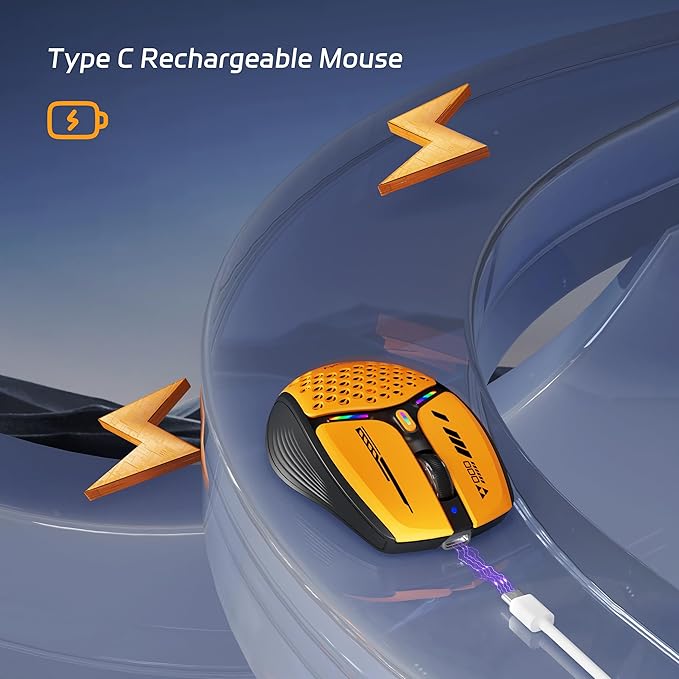 Uciefy Bluetooth Wireless Mouse, (BT5.0/5.1+2.4GHz) USB C Rechargeable LED Mouse Battery Level Visible, Honeycomb Magnetic Shell Cover with USB Receiver & Type-C Adapter for Laptop/PC/Mac/iPad -Orange