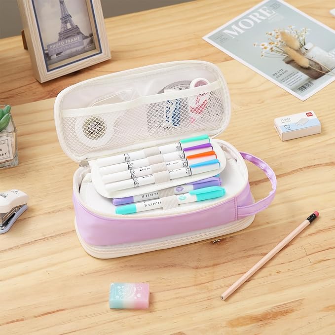 Large Pencil Case Zipper Pencil Pouch for Girls Adults Kids Aesthetic Pencil Bag Organizer Big Capacity Pen Bag with Handle Portable for School Office Purple