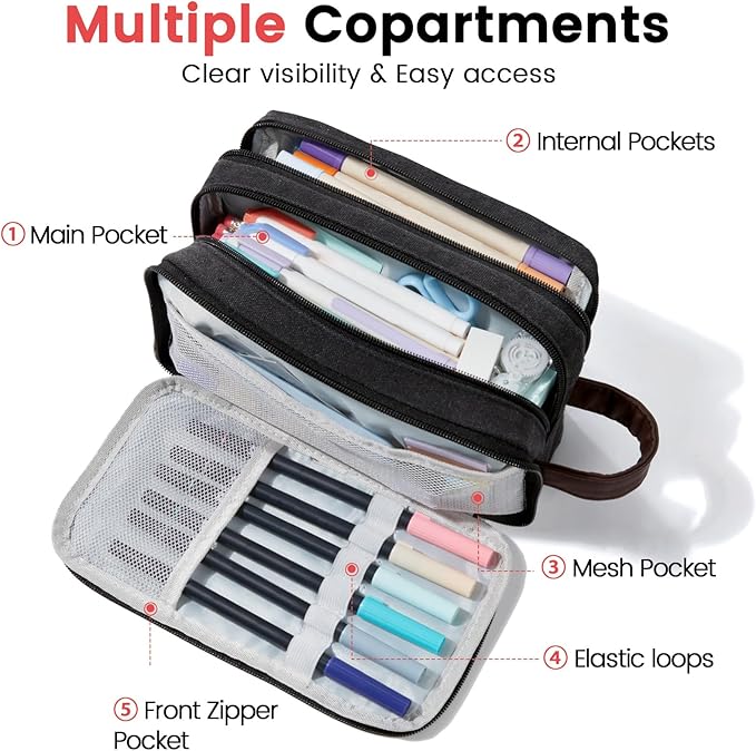 Sooez Large Pencil Case Pouch, Extra Big Pencil Pouch Pencil Bag with PU Handle & Zipper, Sturdy Pen Case with 3 Compartments, Aesthetic School College Supplies Organizer for Men Women Boys, Brown