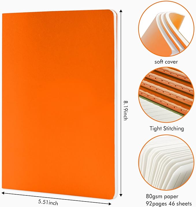 feela 16 Pack Soft Cover Journal Bulk, Lined Notebooks College Ruled for Work for Women Girl Writing, Blank Travel Journal Note Taking Notebook School Business Supplies, 8.2” x 5.5”, A5, Orange