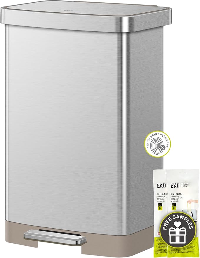 EKO Hudson Matte Stainless 50 Liter/13.2 Gallon Step Trash Can with Rear Trash Bag Storage Compartment