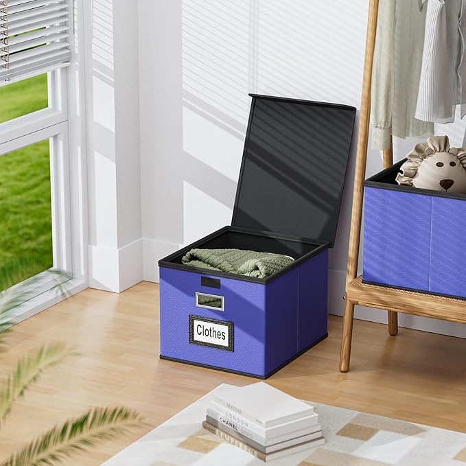 Huolewa File Organizer Box with Lid, Collapsible Leather File Folder Organizer for Office Document Storage, Filing Box with Plastic Slide for Letter/Legal Size Hanging Files,Navy Blue