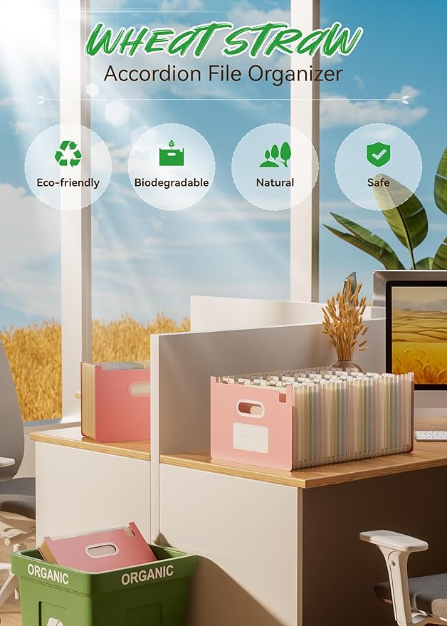 Accordion File Organizer, 26 Pockets Wheat Straw Expanding File Folders, Upright&Open Top, A-Z Bill Receipt Organizer, 100% BPA Free, Return to Nature, Healthy Living, Letter/A4 Size-Strawberry Pink